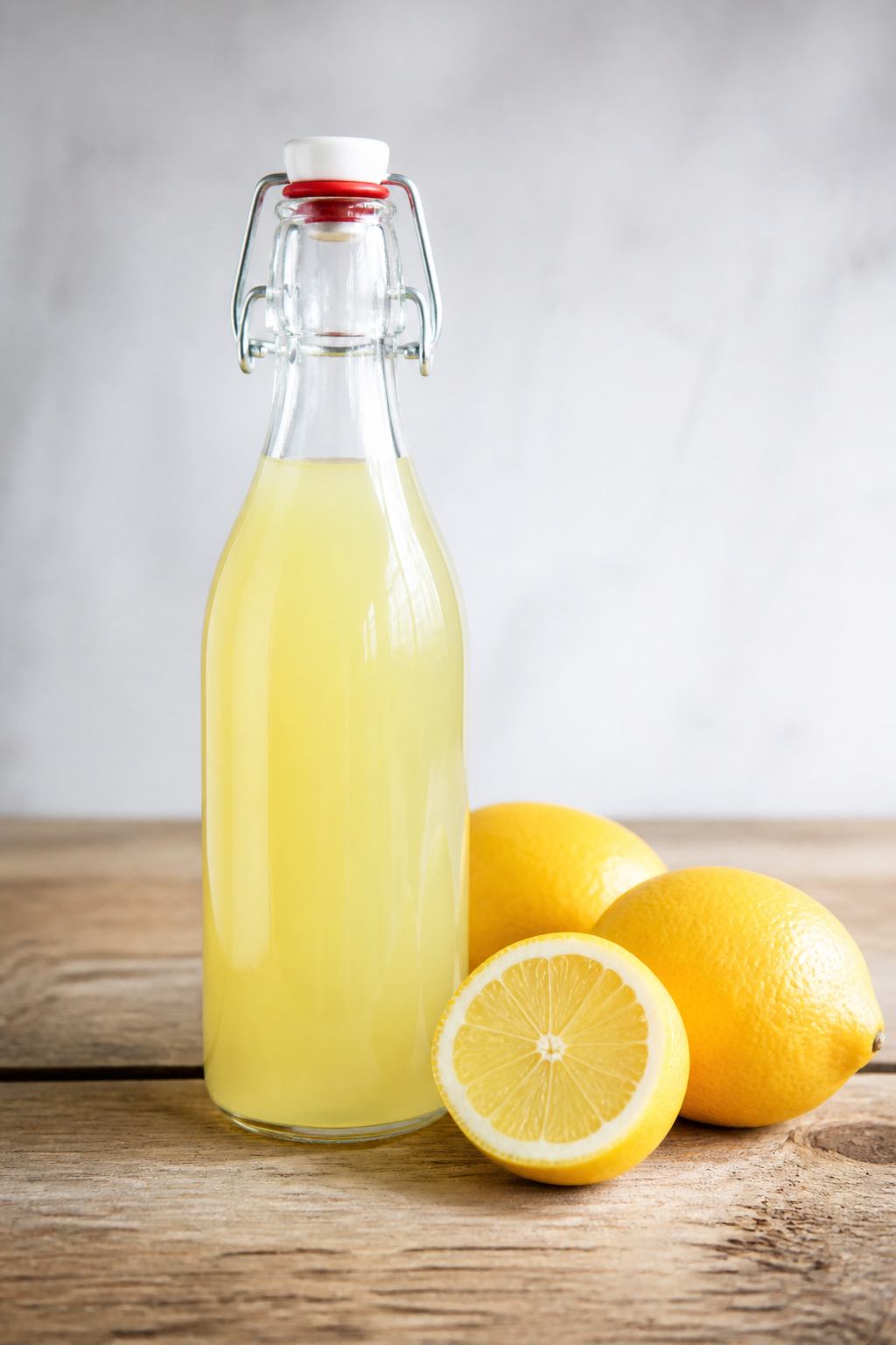 Unlabeled bottle of cloudy lemon cordial beside whole lemons